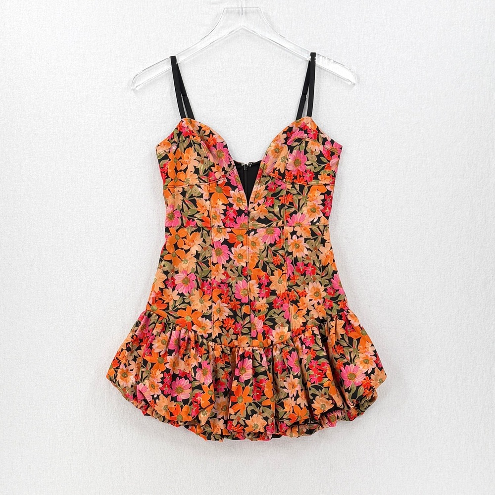 FOR LOVE & LEMONS FREE PEOPLE Sylvie Mini Dress Small Floral Bubble Hem Plunge - Picture 5 of 16